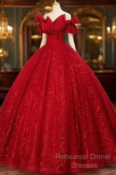 Gorgeous Red Tulle Ball Gown Off Shoulder Sweet 16 Dress, Red Long Formal Dress